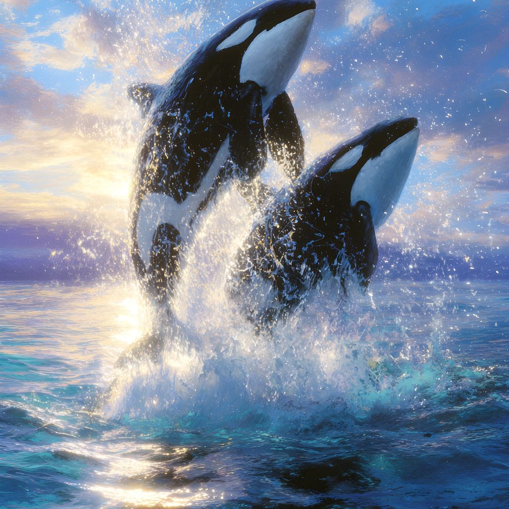 Breaching Orcas Dawn Ocean Dance Canvas Wall Art
