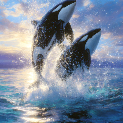 Breaching Orcas Dawn Ocean Dance Canvas Wall Art