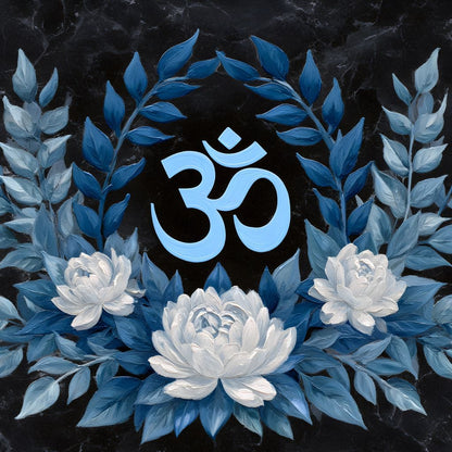 Om Symbol Blue Lotus Wreath Canvas Wall Art
