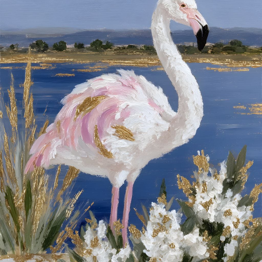 Coastal Flamingo Gold Glint Canvas Wall Art