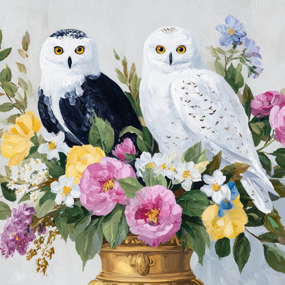 Snowy Owls Floral Canvas Wall Art