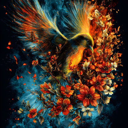 Flaming Phoenix Floral Burst Canvas Wall Art