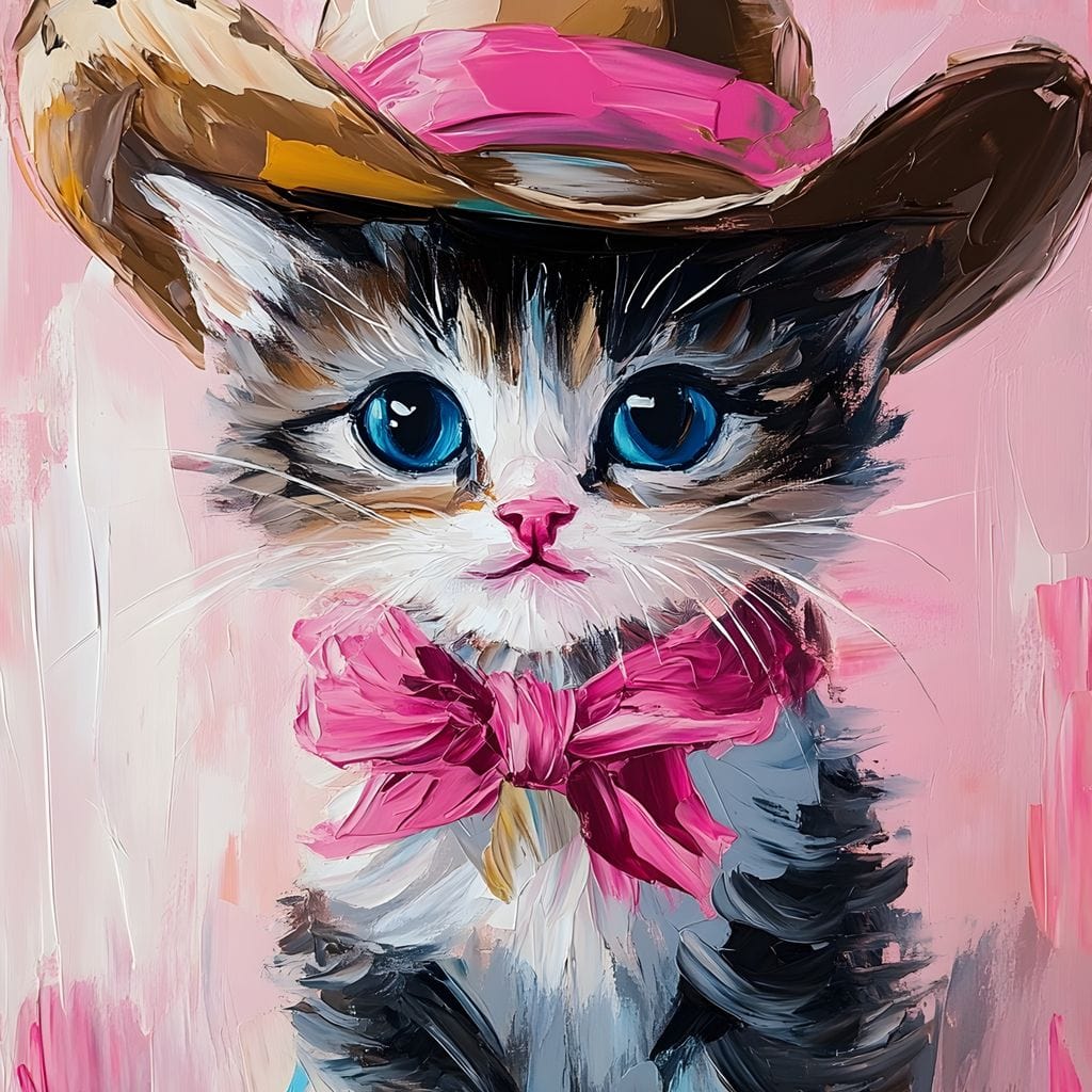Cowboy Kitten Pink Bow Charm Canvas Wall Art