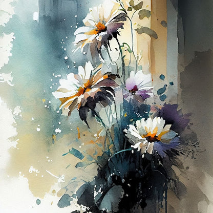 White & Teal Watercolor Flowers Canvas Wall Art