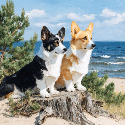 Coastal Corgi Pair Lookout Canvas Wall Art