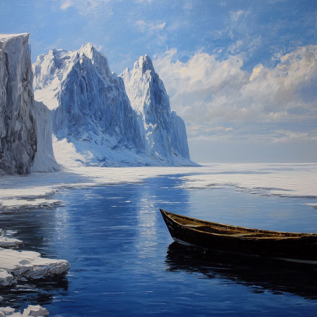 Silent Boat on Frozen Fjord Canvas Wall Art