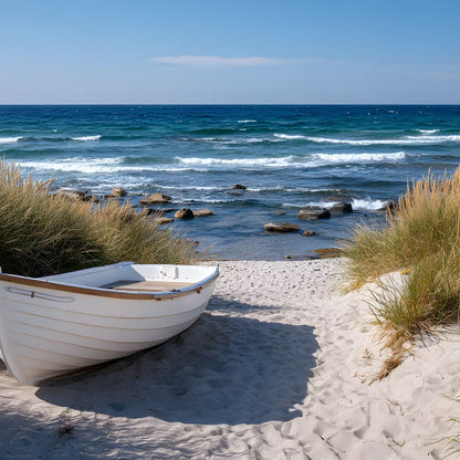 White Rowboat Coastal Dunes Canvas Wall Art