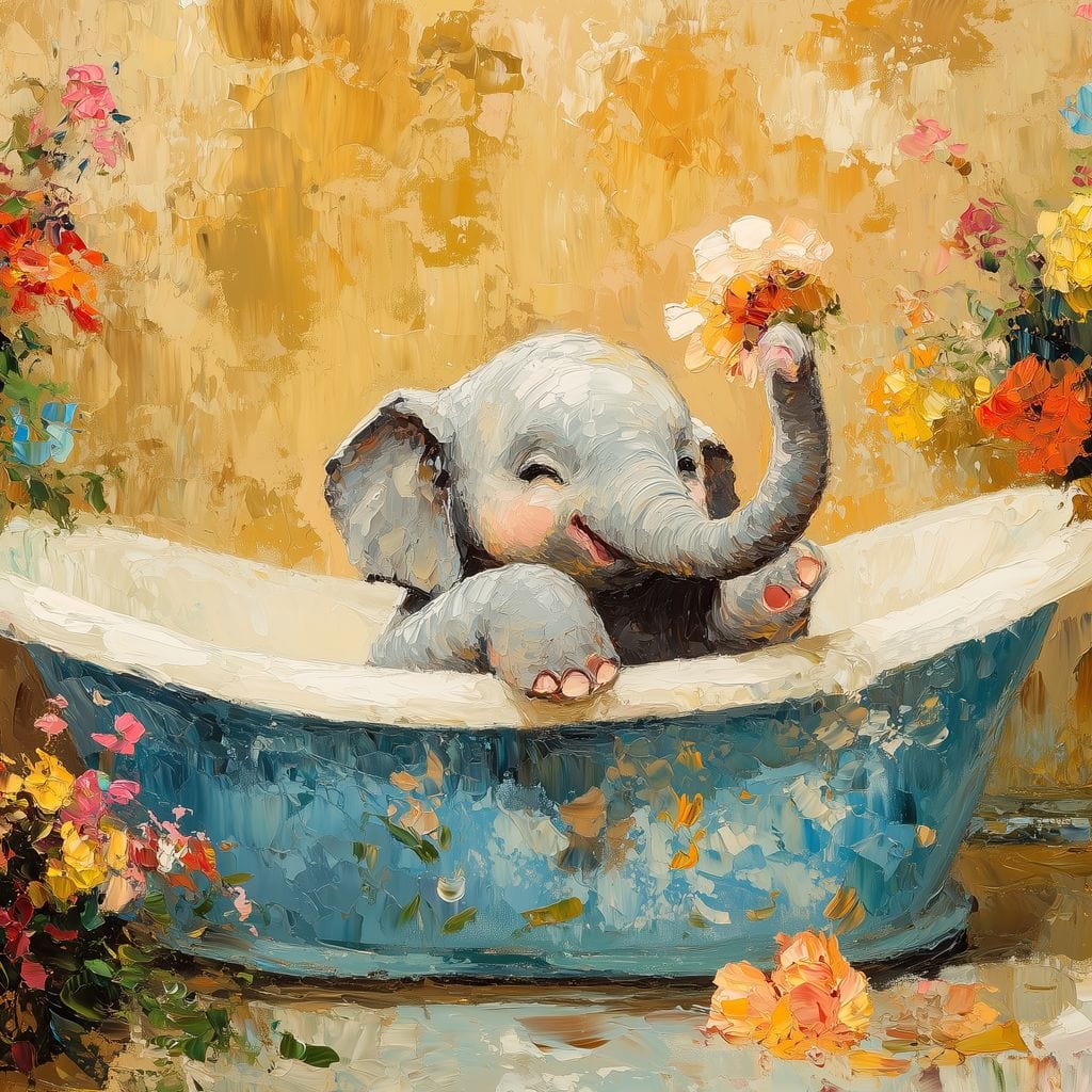 Elephant Joy in Floral Bath Canvas Wall Art