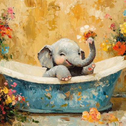 Elephant Joy in Floral Bath Canvas Wall Art