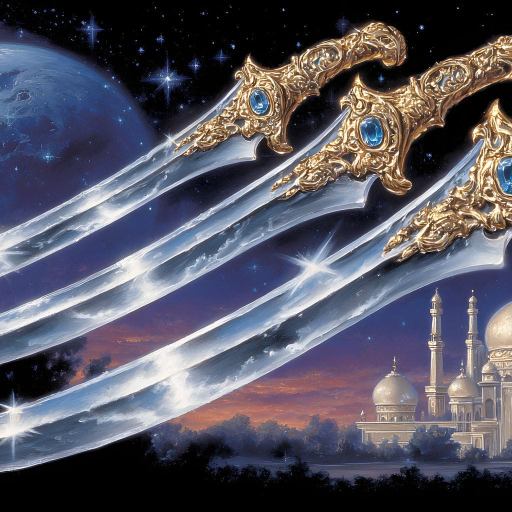 Moonlit Blades Over Golden Palace Canvas Wall Art