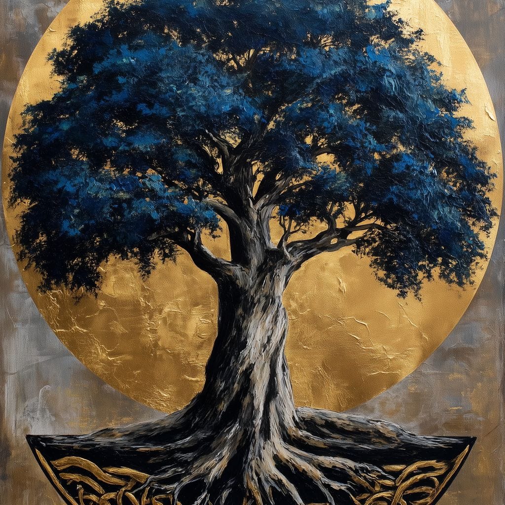 Golden Halo Blue Tree of Life Canvas Wall Art