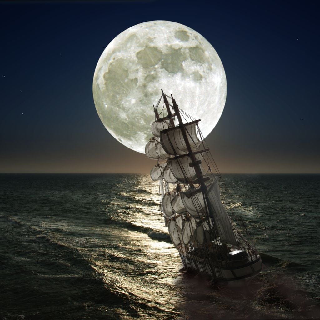 Sailing Under the Giant Moon Canvas Wall Art