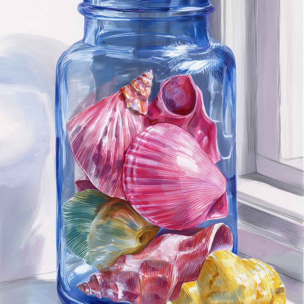 Seashells Jar Sunlit Window Canvas Wall Art