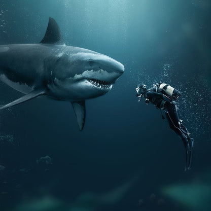 Shark Meets Diver Canvas Wall Art