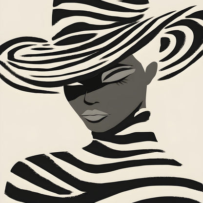 Monochrome Zebra Hat Lady Canvas Wall Art