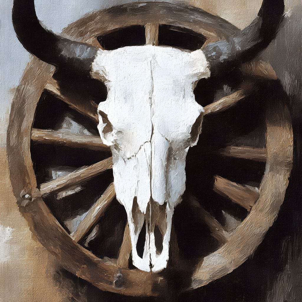 Western Bull Skull Wagon Wheel Canvas Wall Art