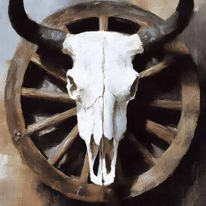 Western Bull Skull Wagon Wheel Canvas Wall Art