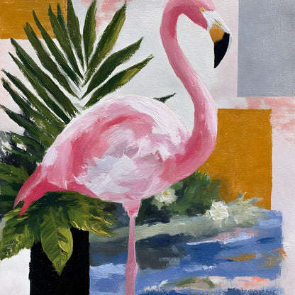 Pink Flamingo Tropical Blocks Canvas Wall Art
