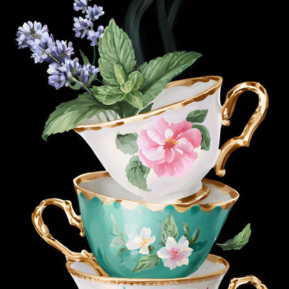Golden Teacups Botanical Romance Canvas Wall Art