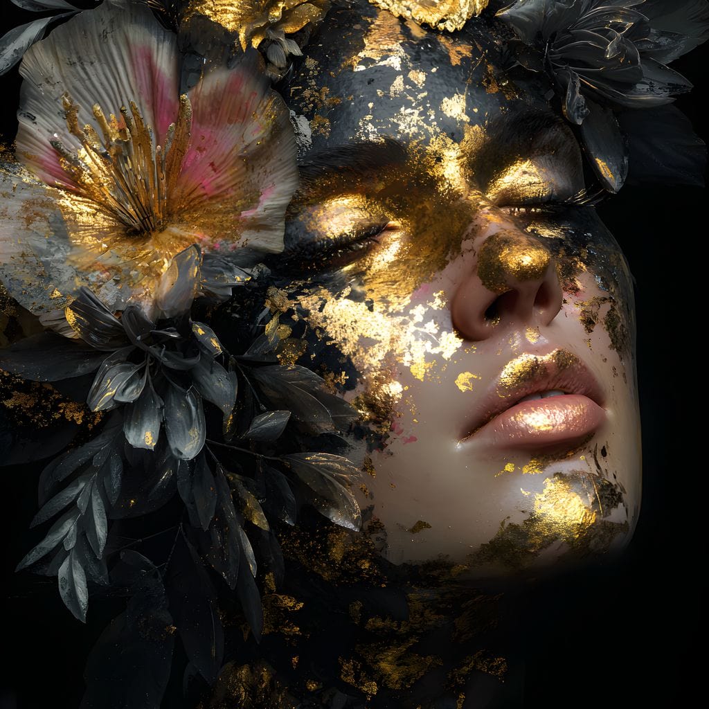 Golden Reverie Floral Visage Canvas Wall Art