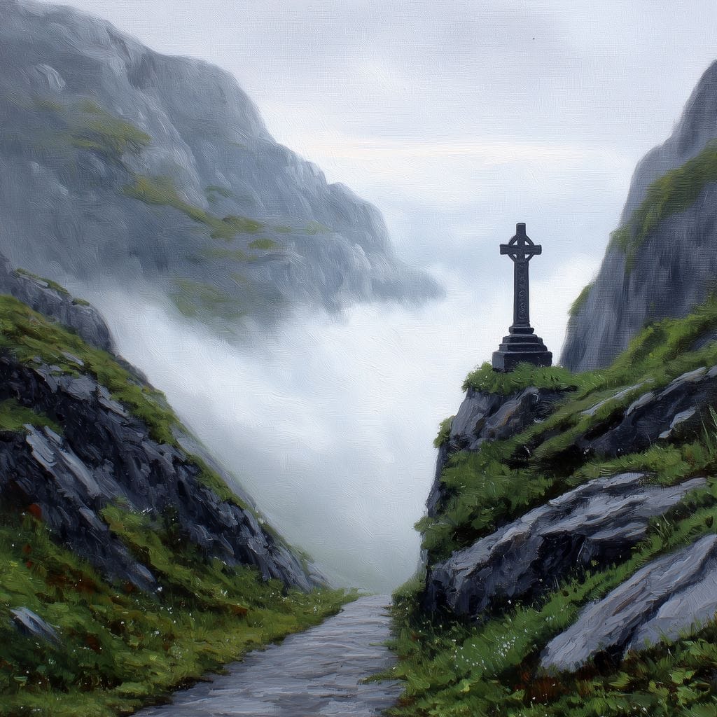Misty Highland Cross Pathway Canvas Wall Art