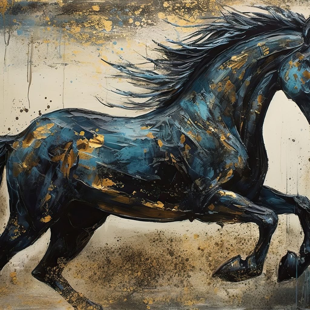 Gilded Teal Horse Canvas Wall Art