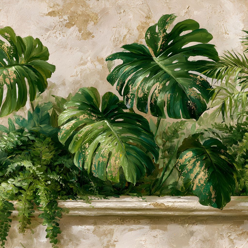 Sun Dappled Foliage On A Plaster Ledge Canvas Wall Art