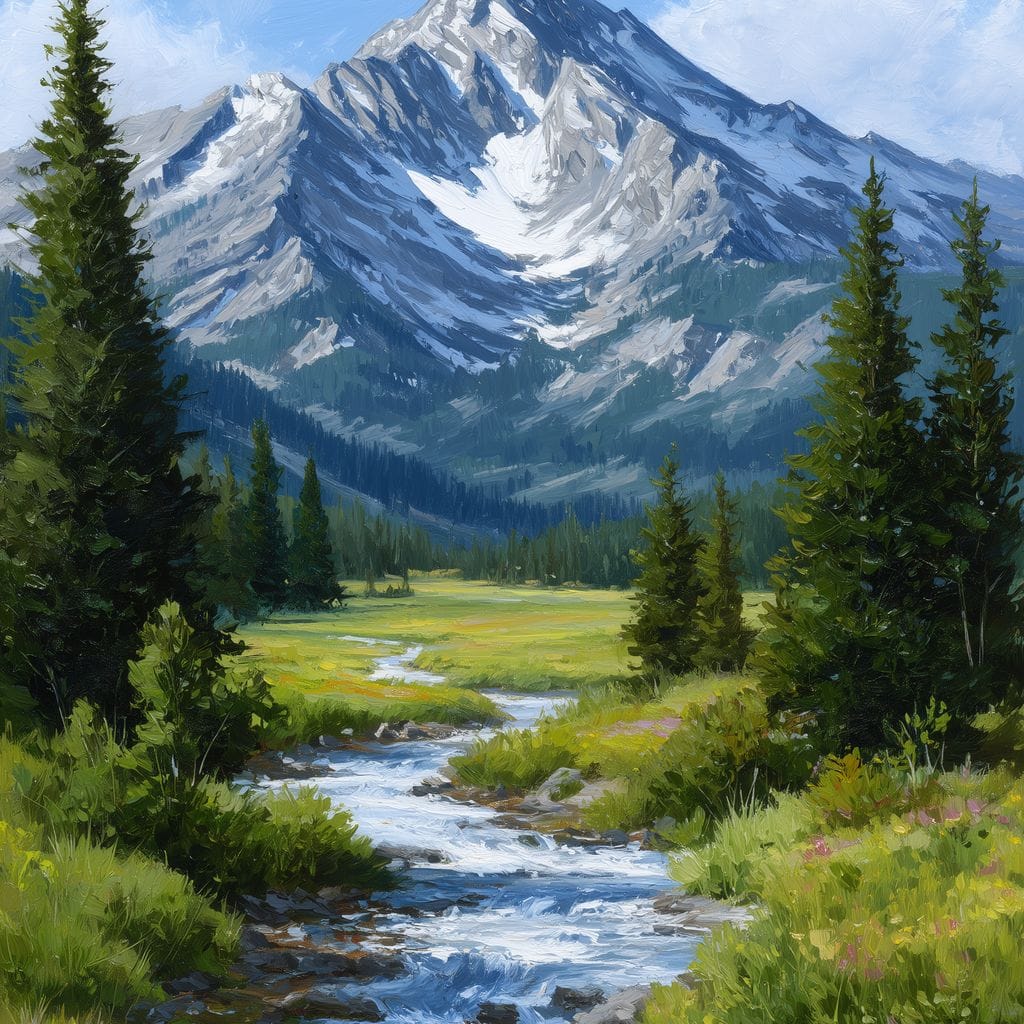 Alpine Peak River Meadow Sky Canvas Wall Art