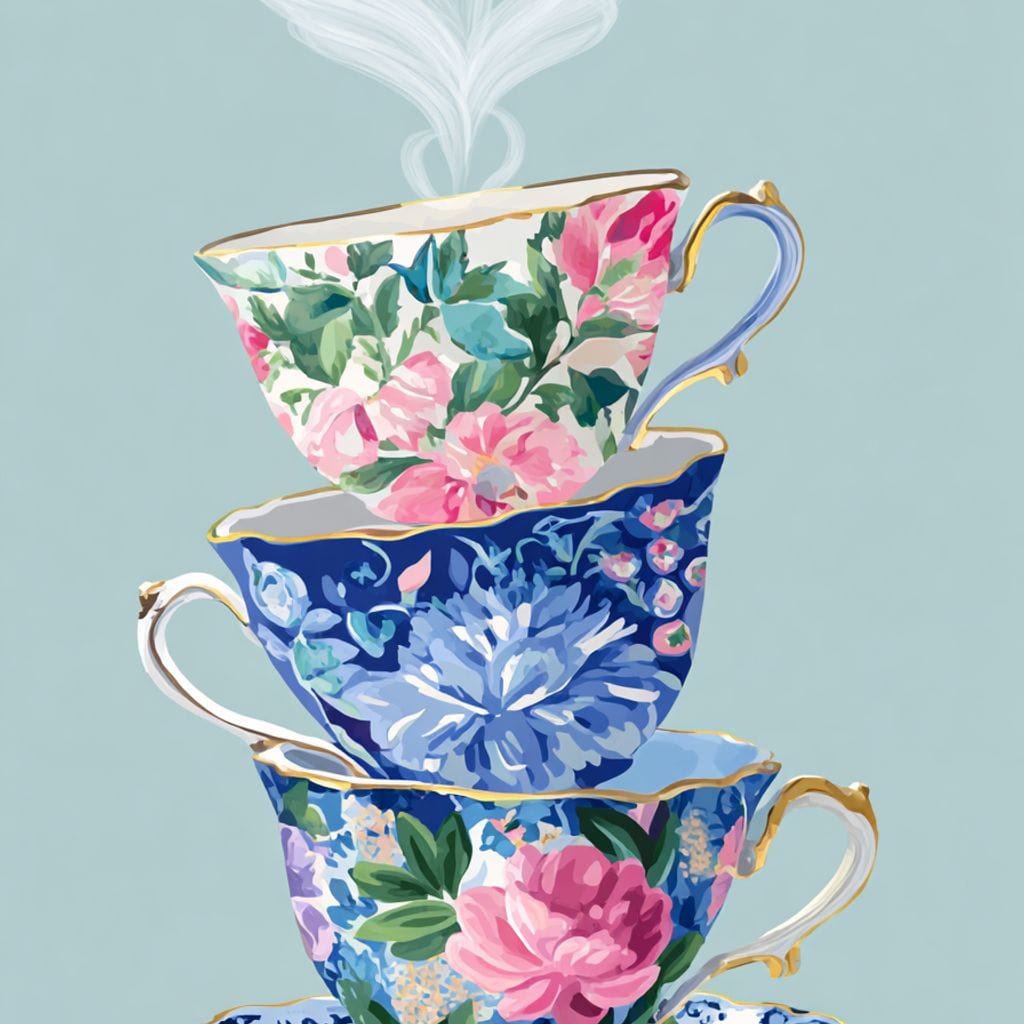 Vintage Floral Teacup Stack Delight Canvas Wall Art