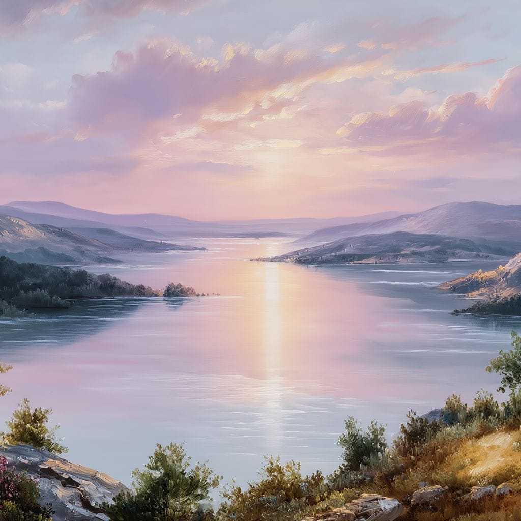 Pastel Sunrise Over Lake Fjord Canvas Wall Art