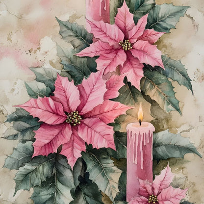 Festive Poinsettia Candle Glow Canvas Wall Art