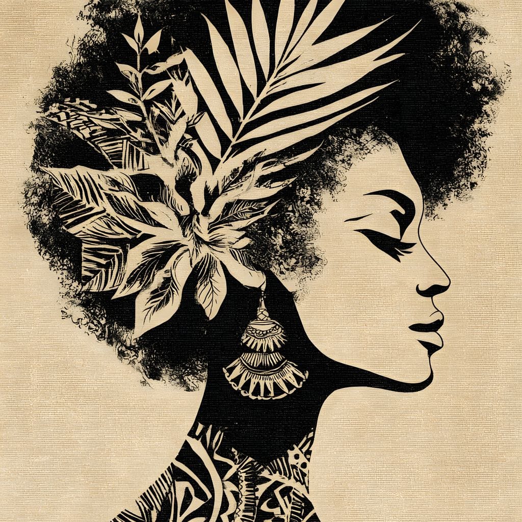 Botanical Afro Queen Silhouette Canvas Wall Art