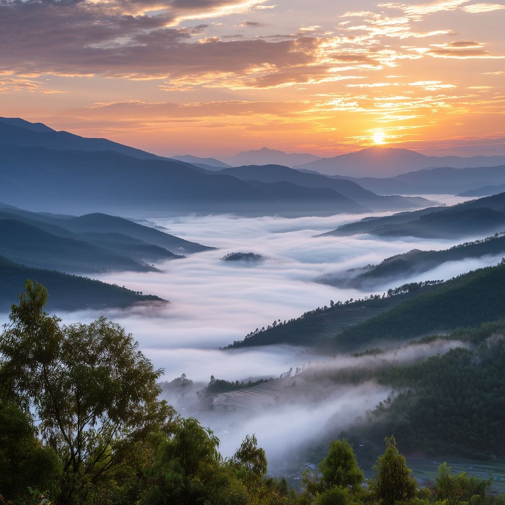 Sunrise Over Misty Mountains Canvas Wall Art