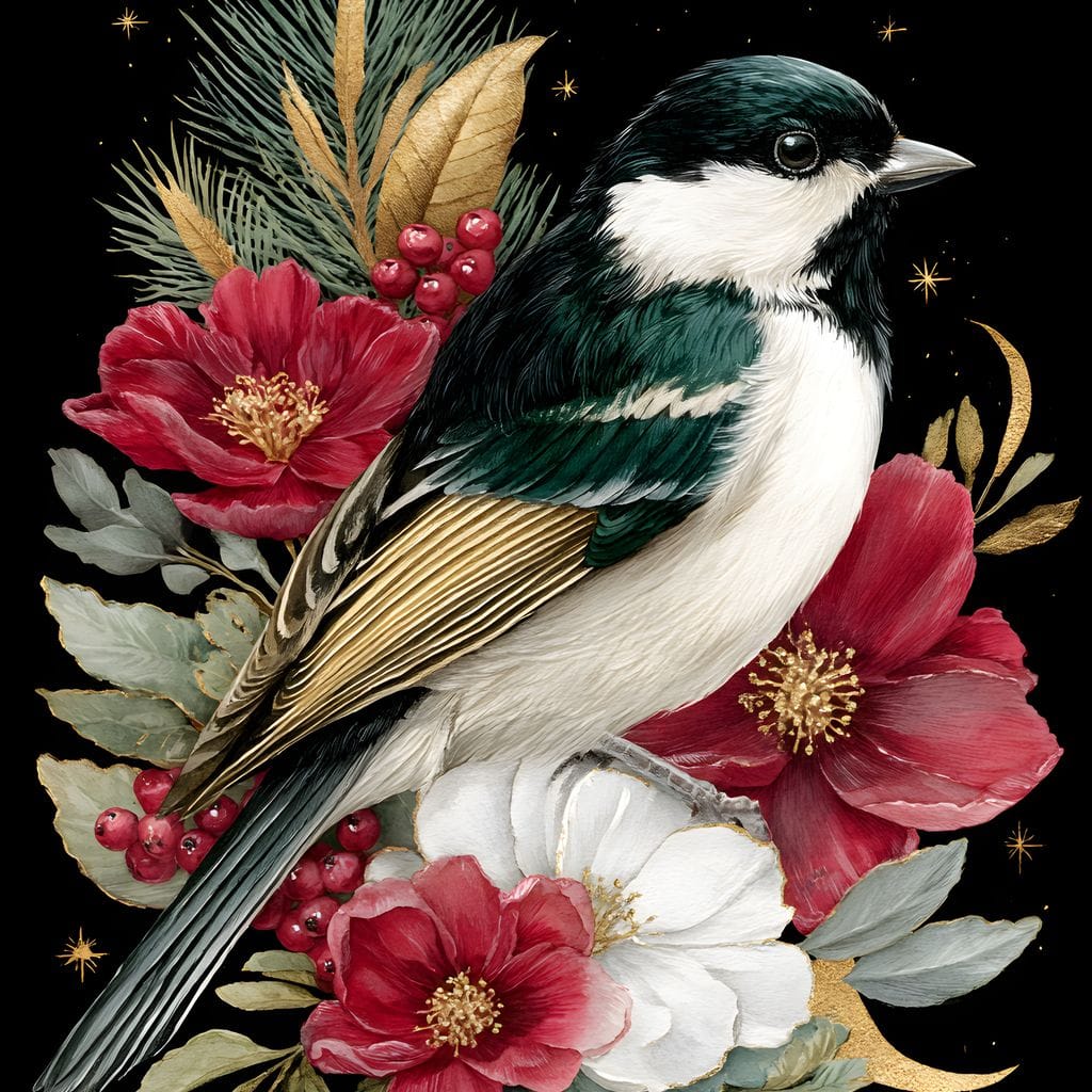 Moonlit Floral Gold Chickadee Canvas Wall Art