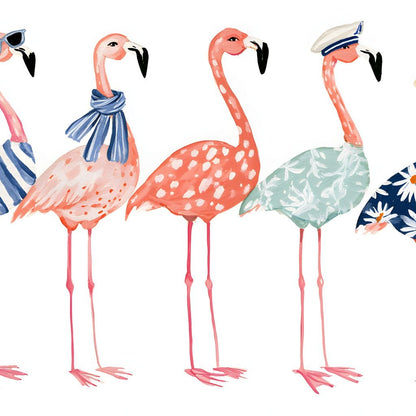Five Stylish Flamingos on Summer Vacation Canvas Wall Art