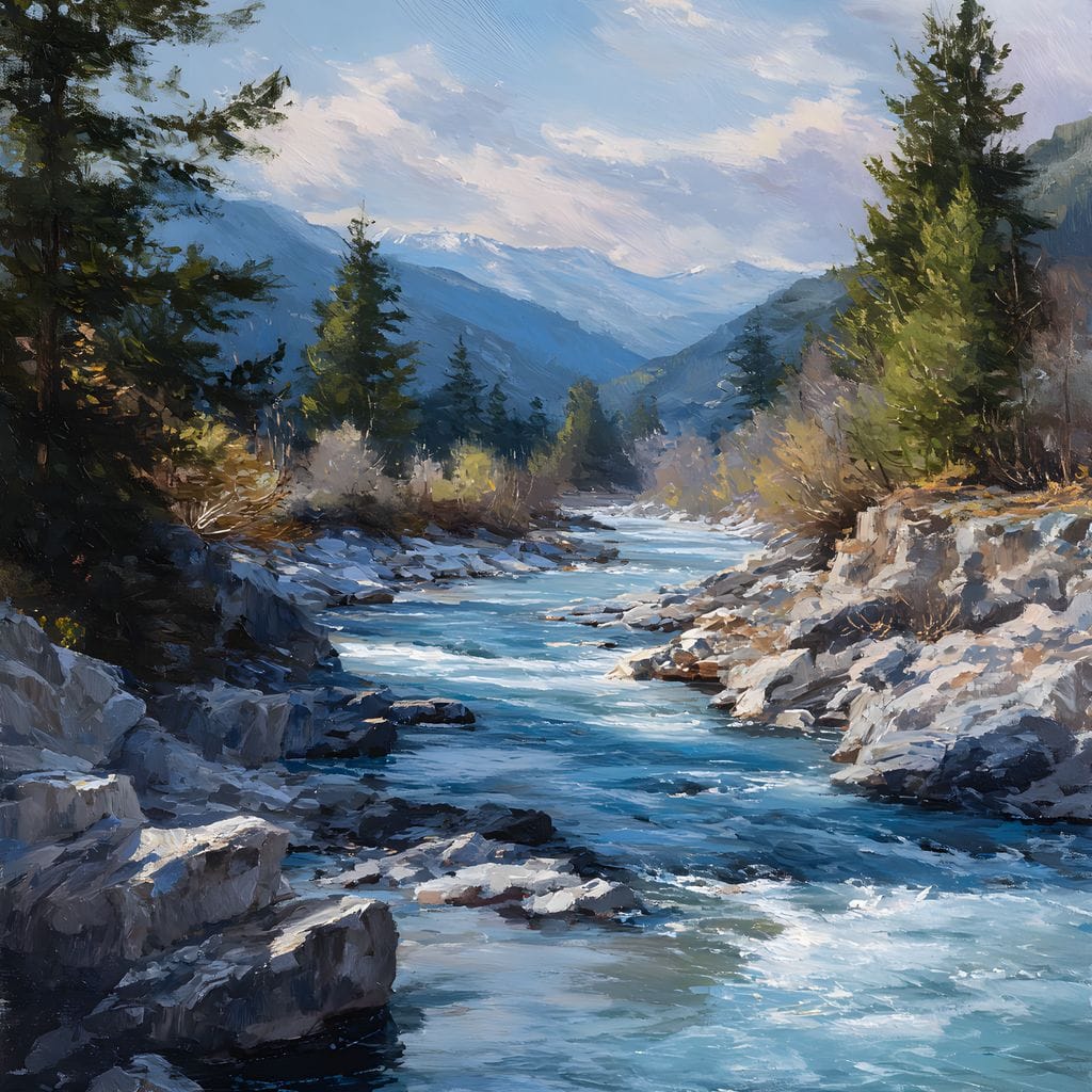Alpine River Through Pines Canvas Wall Art