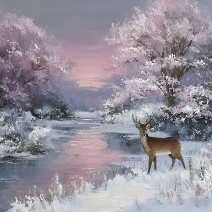 Winter River Deer Sunset Glow Canvas Wall Art