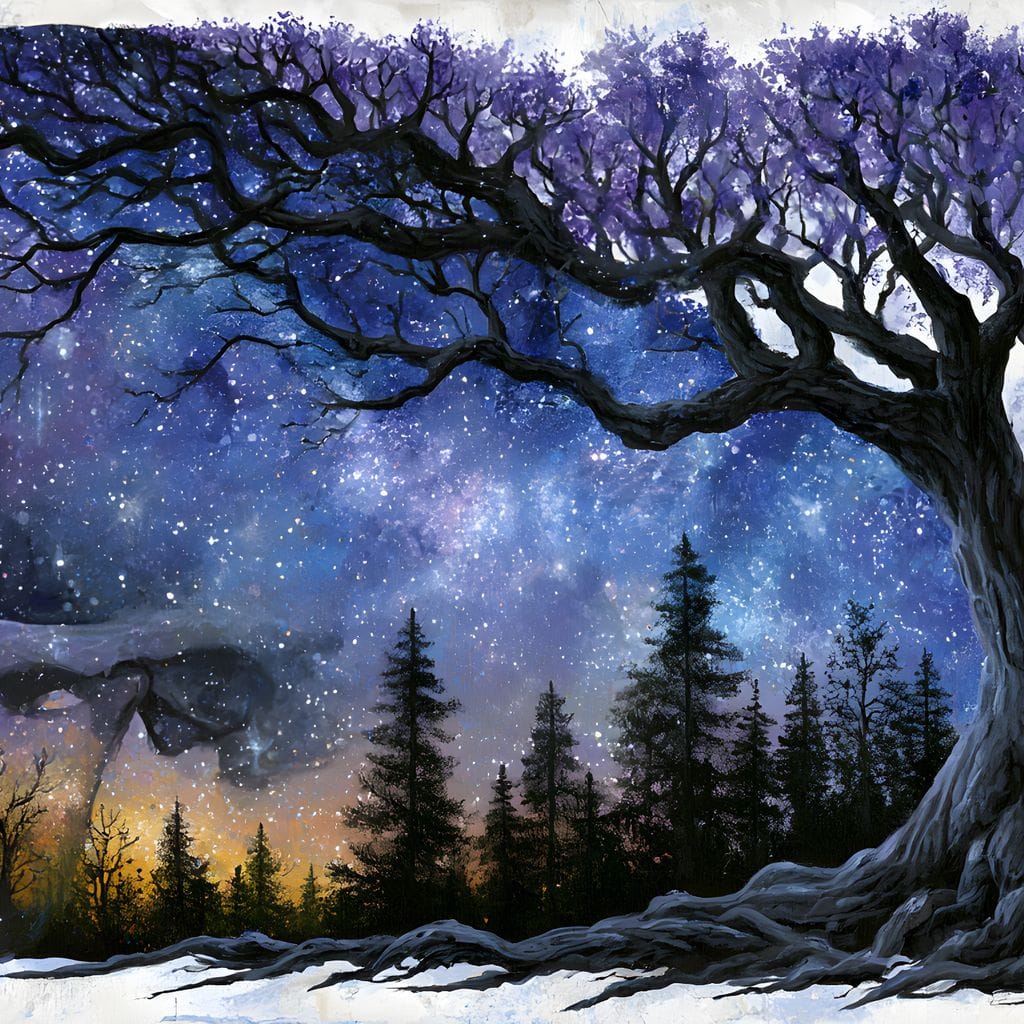 Where Cosmic Night Meets Forest Roots Canvas Wall Art