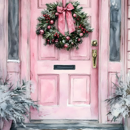Winter Welcome Pink Door Canvas Wall Art