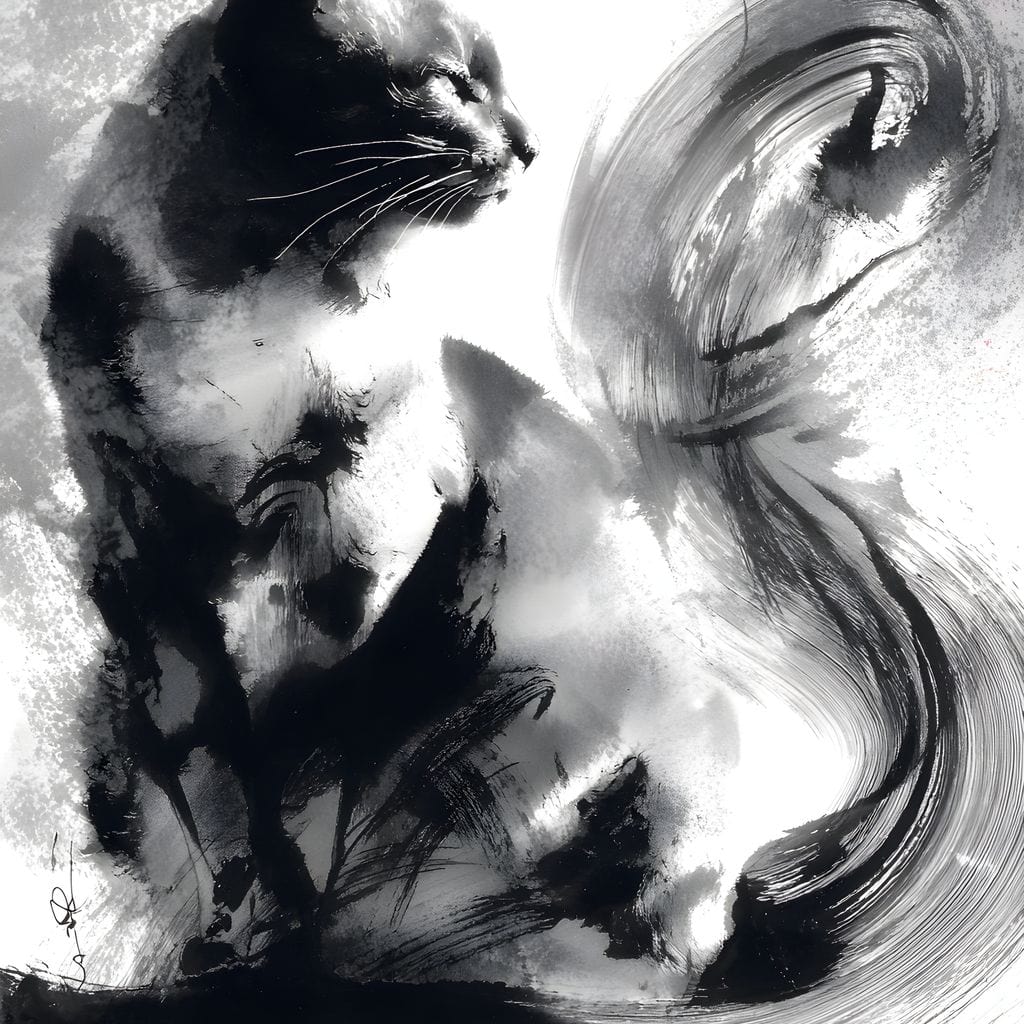 Sumi Ink Cat Reflecting Shadow Canvas Wall Art