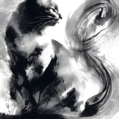 Sumi Ink Cat Reflecting Shadow Canvas Wall Art