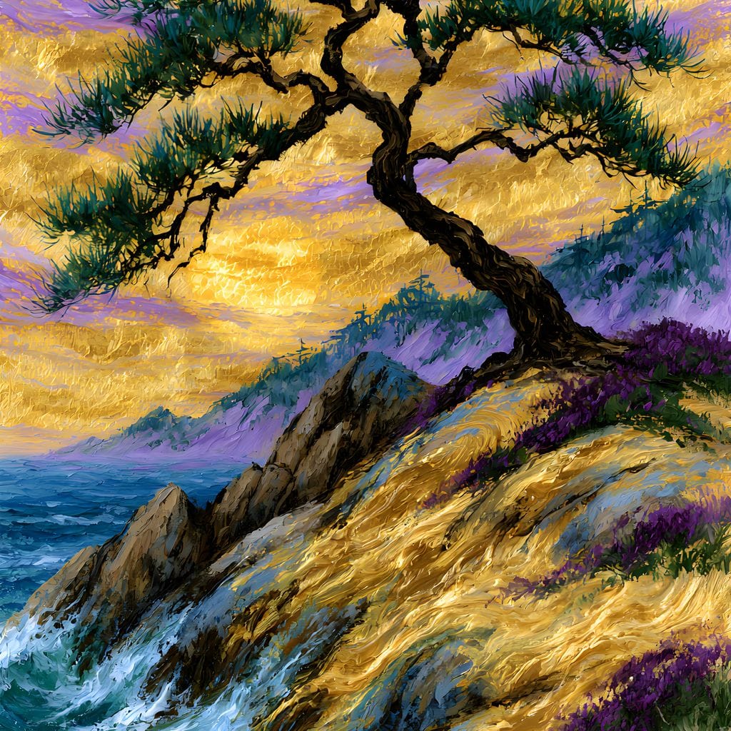 Golden Shoreline Beneath An Ancient Pine Canvas Wall Art