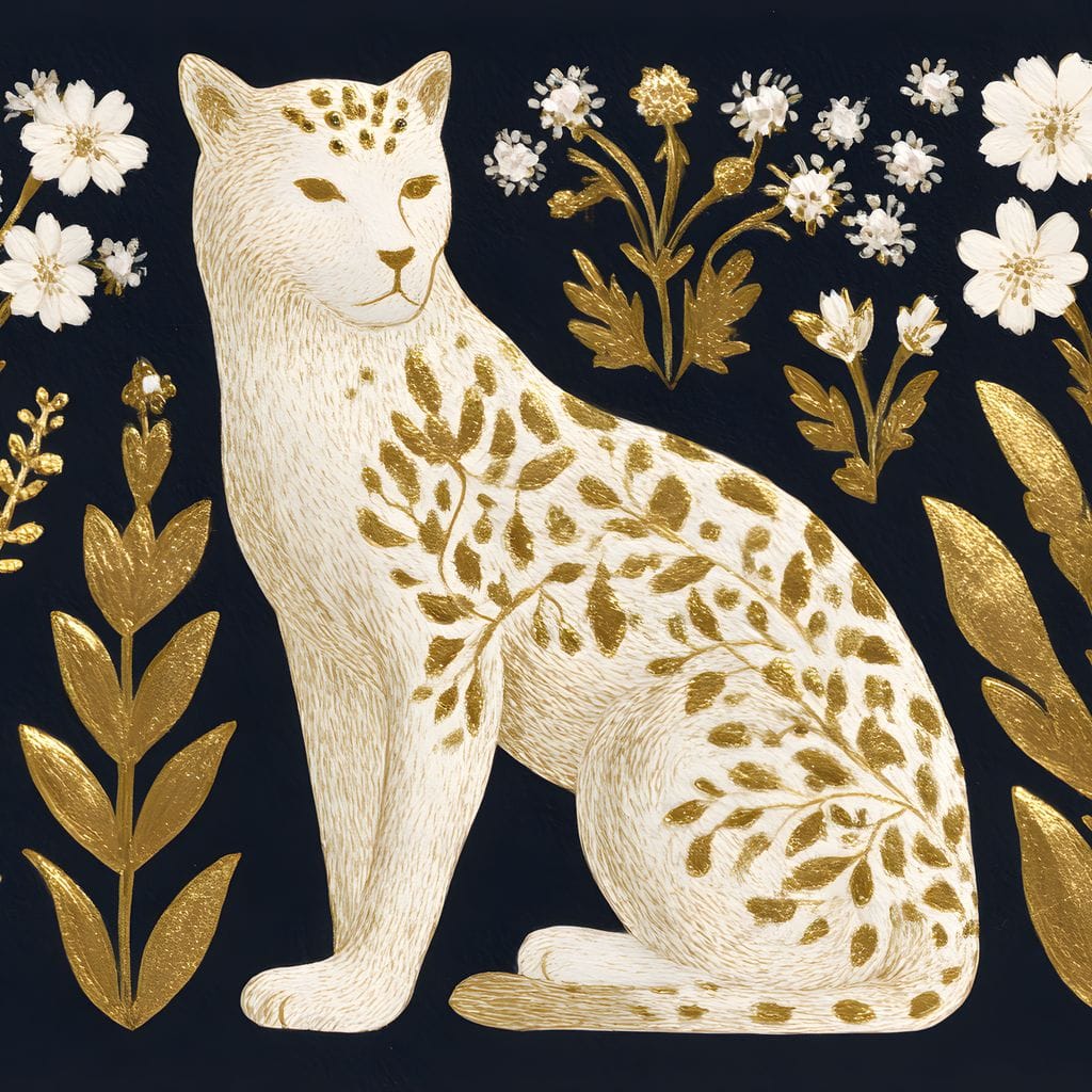 Golden Botanical Leopard Cat Canvas Wall Art
