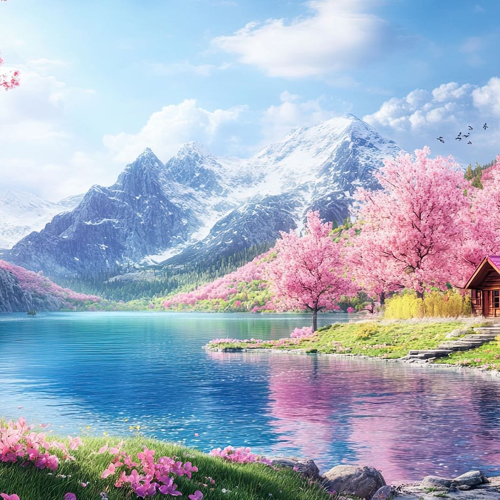 Cherry Blossom Alpine Retreat Canvas Wall Art