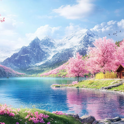 Cherry Blossom Alpine Retreat Canvas Wall Art