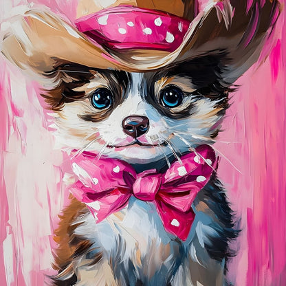 Cute Cowboy Puppy Pink Bow Charm Canvas Wall Art