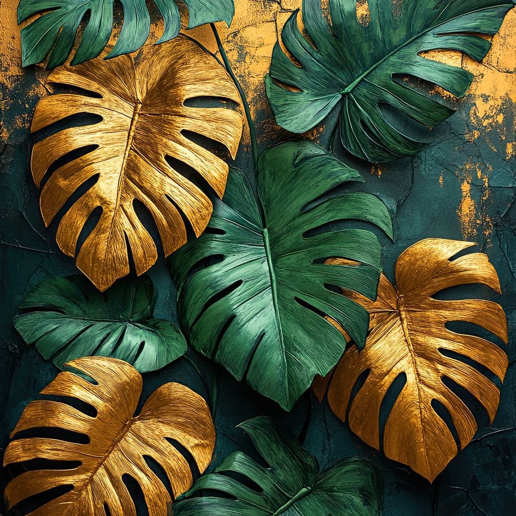 Golden Monstera Leaves Canvas Wall Art
