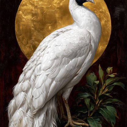 Golden Halo White Peacock Pose Canvas Wall Art