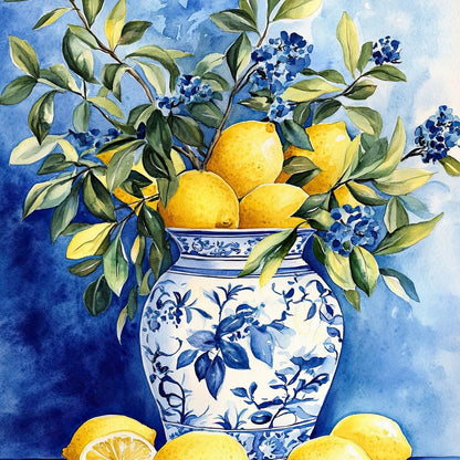 Lemon Bouquet in Porcelain Vase Canvas Wall Art