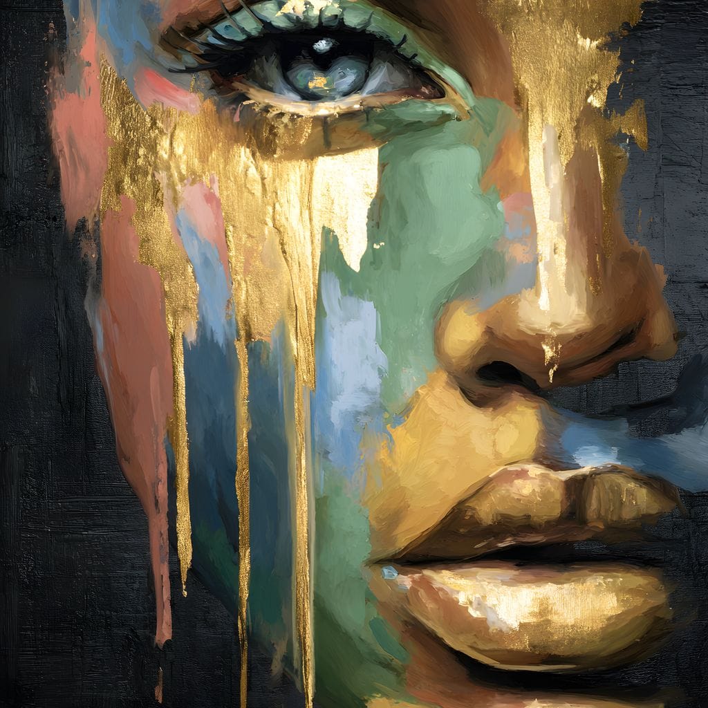 Radiant Gold Drip Face Painting Canvas Wall Art